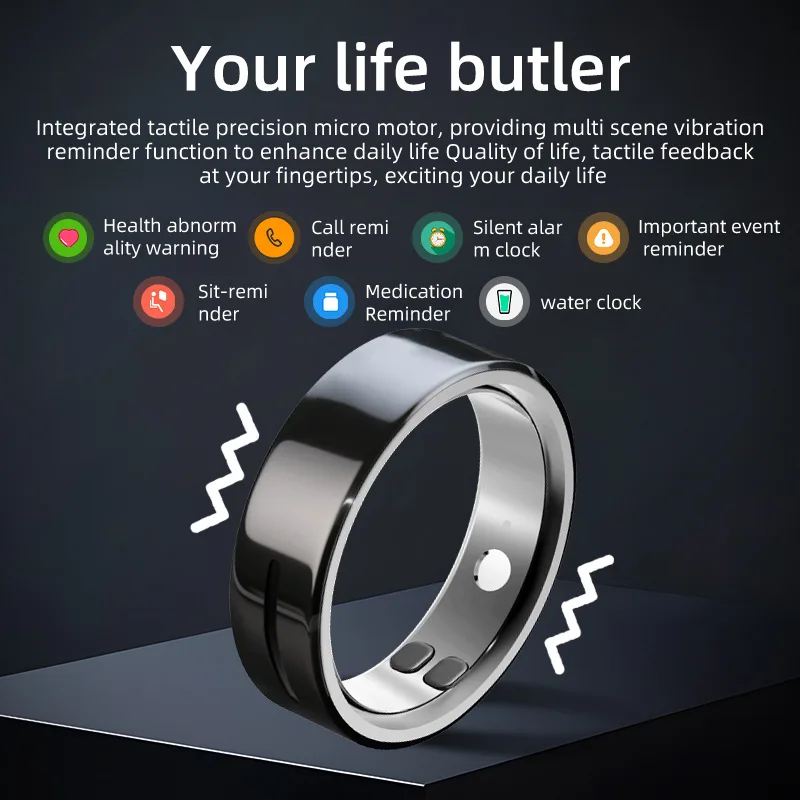 Smart Rings Black Stainless Steel Smart Ring Health Tracker HRV Heart Rate Blood Monitoring IP68 Waterproof App Control