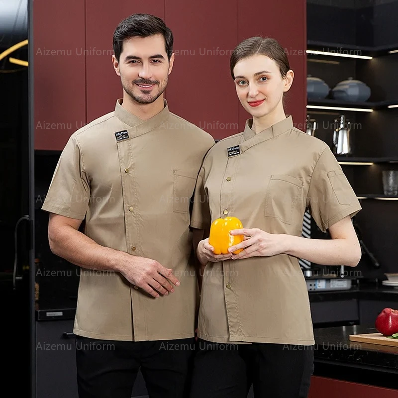 Black Unisex Kitchen hotel Chef Uniform Bakery FoodService Cook Short Sleeve shirt Breathable Double Breasted Chef Jacket clothe
