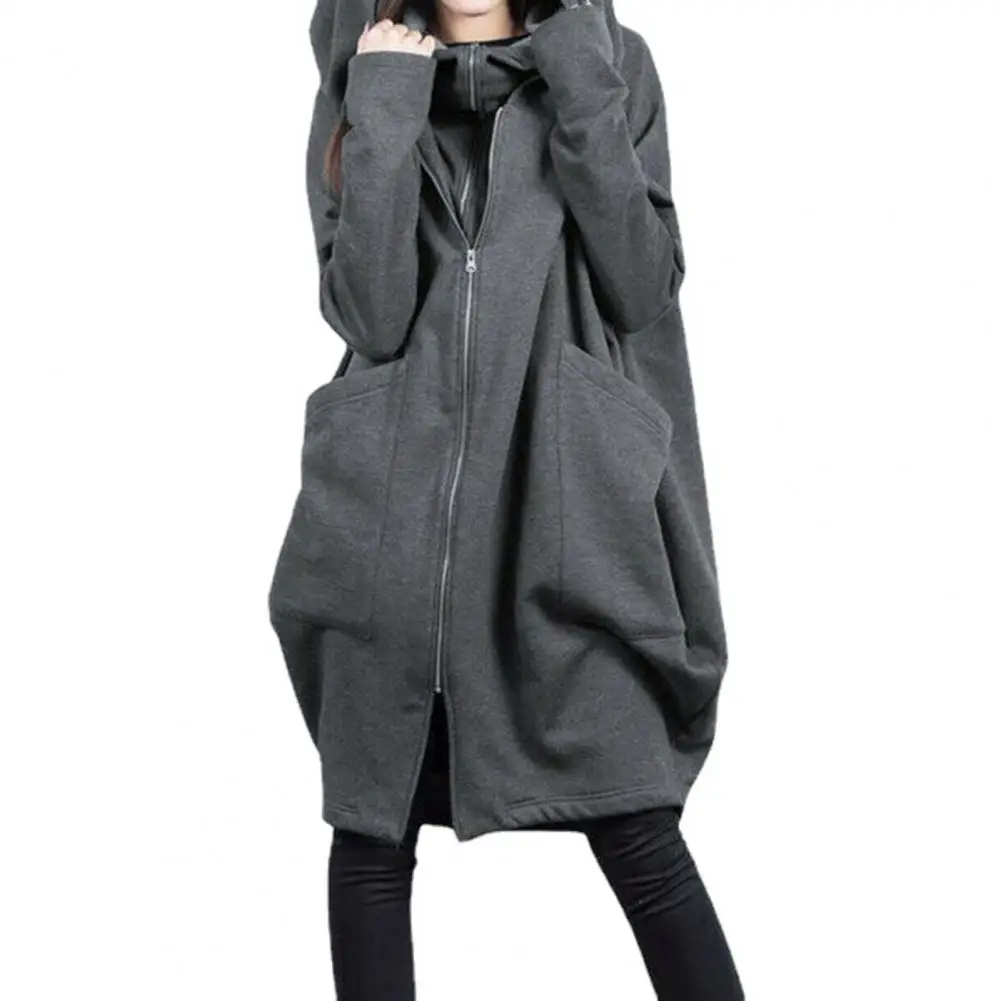 Women Hooded Long Sleeve Sweatshirt Coat Zipper Placket Big Pockets Fake Two Pieces Solid Color Mid-length Hoodie Jacket