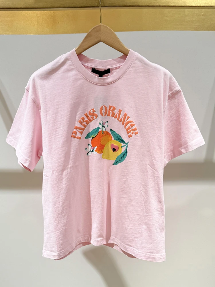 M Home South Oil الراقية المرأة Faion صيف 2025 ort Sve القطن الخالص الفاكهة تي شيرت مطبوع قمة العصرية تخفيف Sle