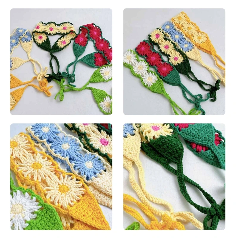 Flower Head Scarf Turban Hairband Women Ethnic Crochet Head Covering Spring Bandanas Flower Headscarf Hollowout Hairband