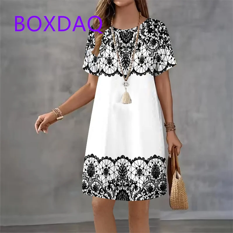 Vintage Flower Print Womens Dress Summer Casual Fashion Short Sleeve O-Neck Loose A-Line Dress Large Size XXS-3XL Women Sundress
