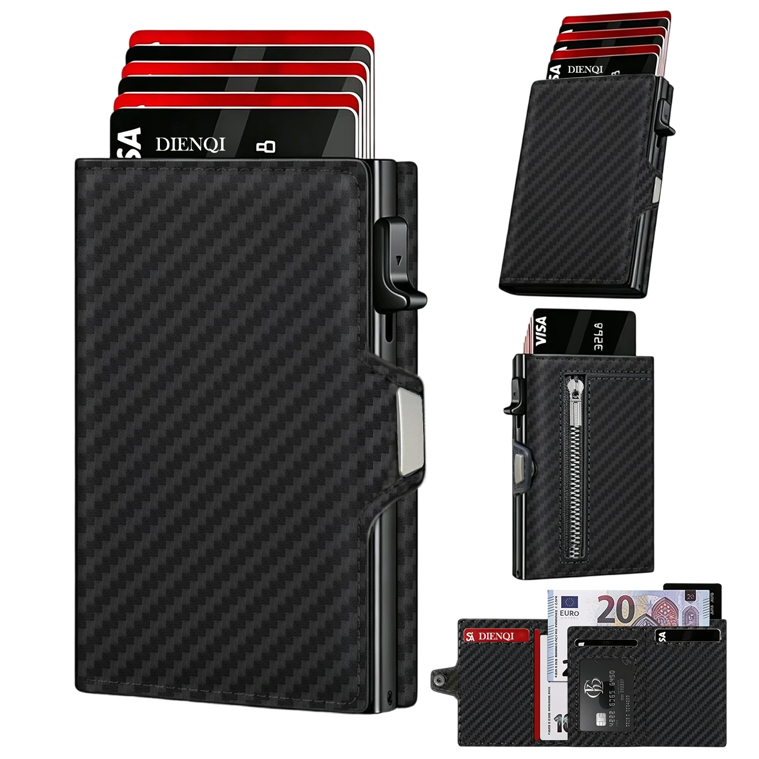 Pop Up Wallet Men RFID Blocking Carbon Fiber Metal Card Case Id Bank Credit Cardholder Zipper Coin Purse Trifold Card Wallets