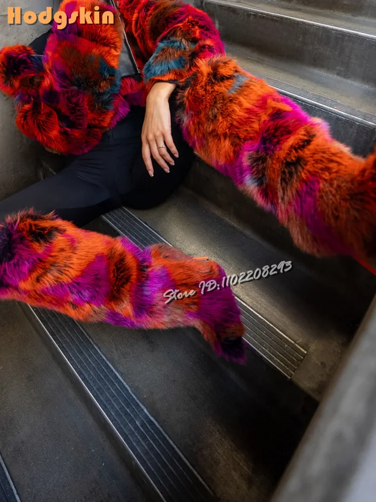Retro Patchwork Faux Fur Boots Pointed Slip-on Knee-high Boots Multicolored Brown Stiletto Fashion Shoes 2025 Autumn New Women