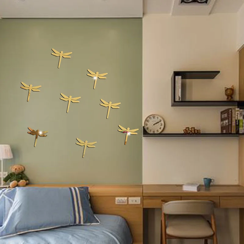 10pcs Dragonfly Acrylic Mirror Wall Stickers Self-adhesive Mirror for living room TV background wall decoration Home Decoration