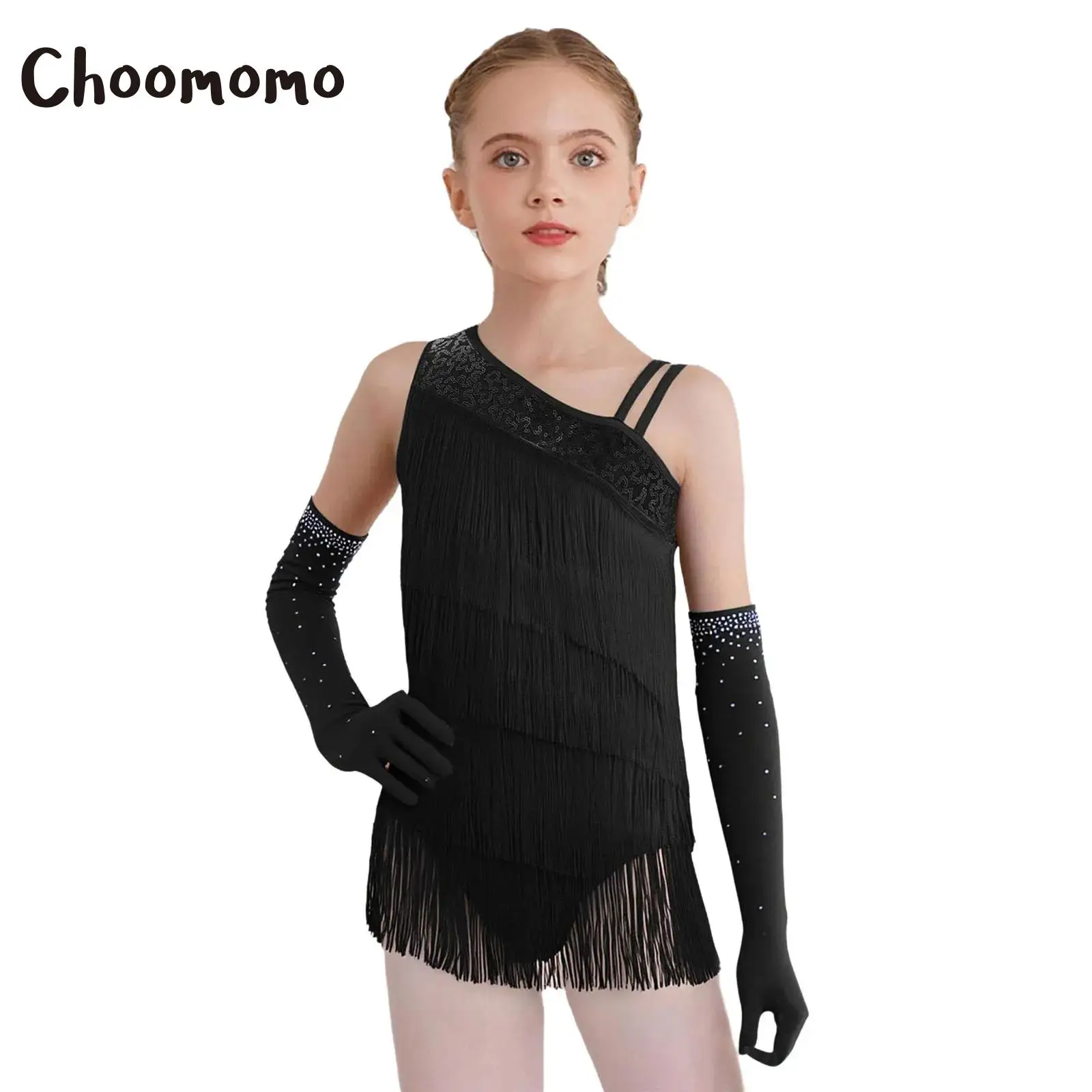 Vestito da ballo latino jazz per ragazze Costume da spettacolo moderno per salsa da sala da ballo Body con paillettes asimmetriche con nappe a strati con guanti