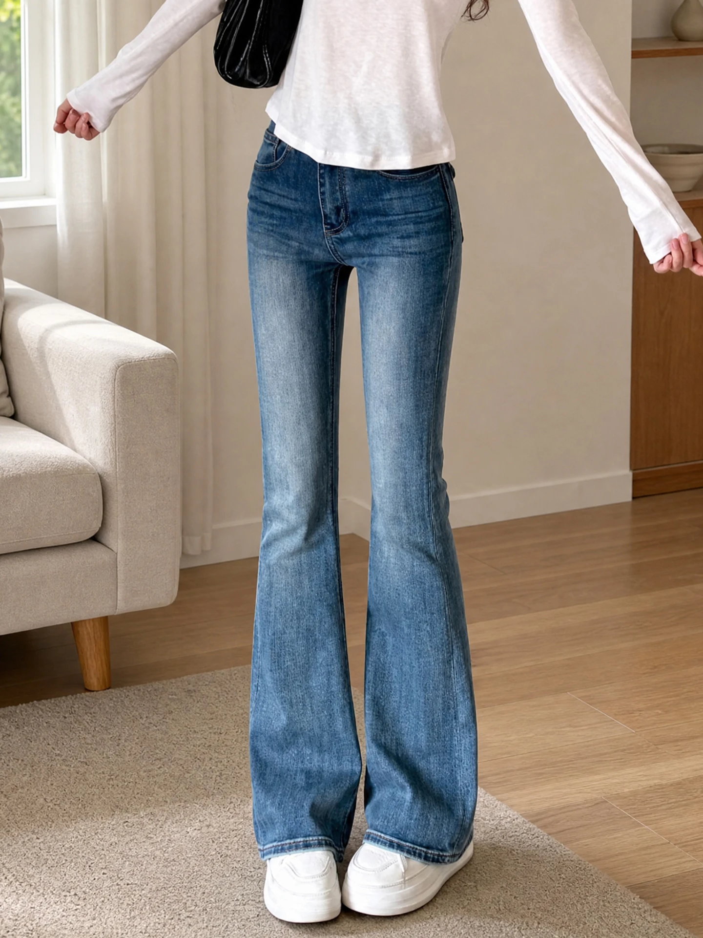 Retro High Waist Slimming Skinny Jeans Women's Spring Autumn 2026 New Small Size Nine Point Bell Bottoms Casual Style Denim