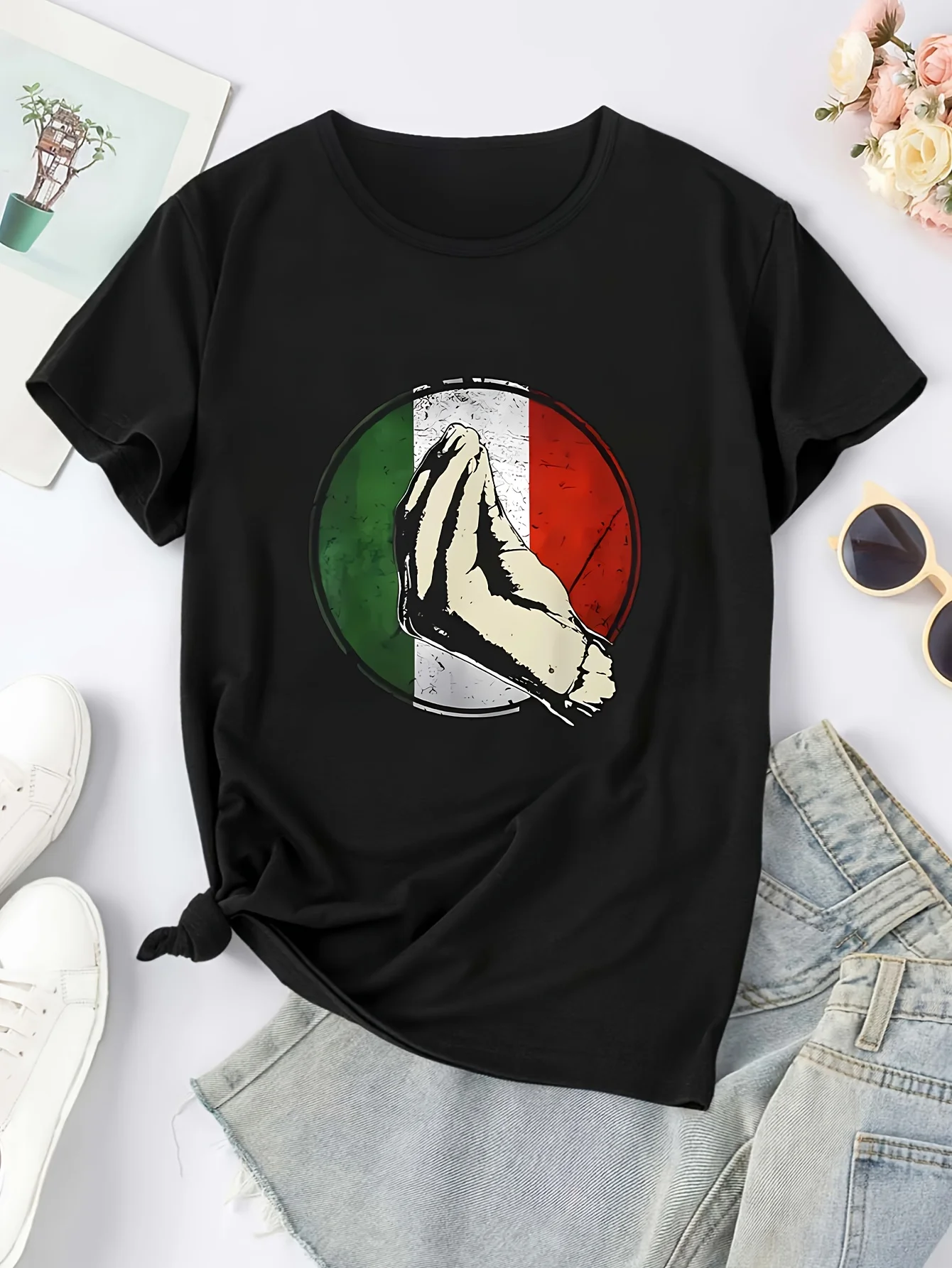 Mexican    Pattern Round Neck Casual T-Shirt Short Sleeve National Flag Representative Sports Top, Fashion/Street Style Women's Wear