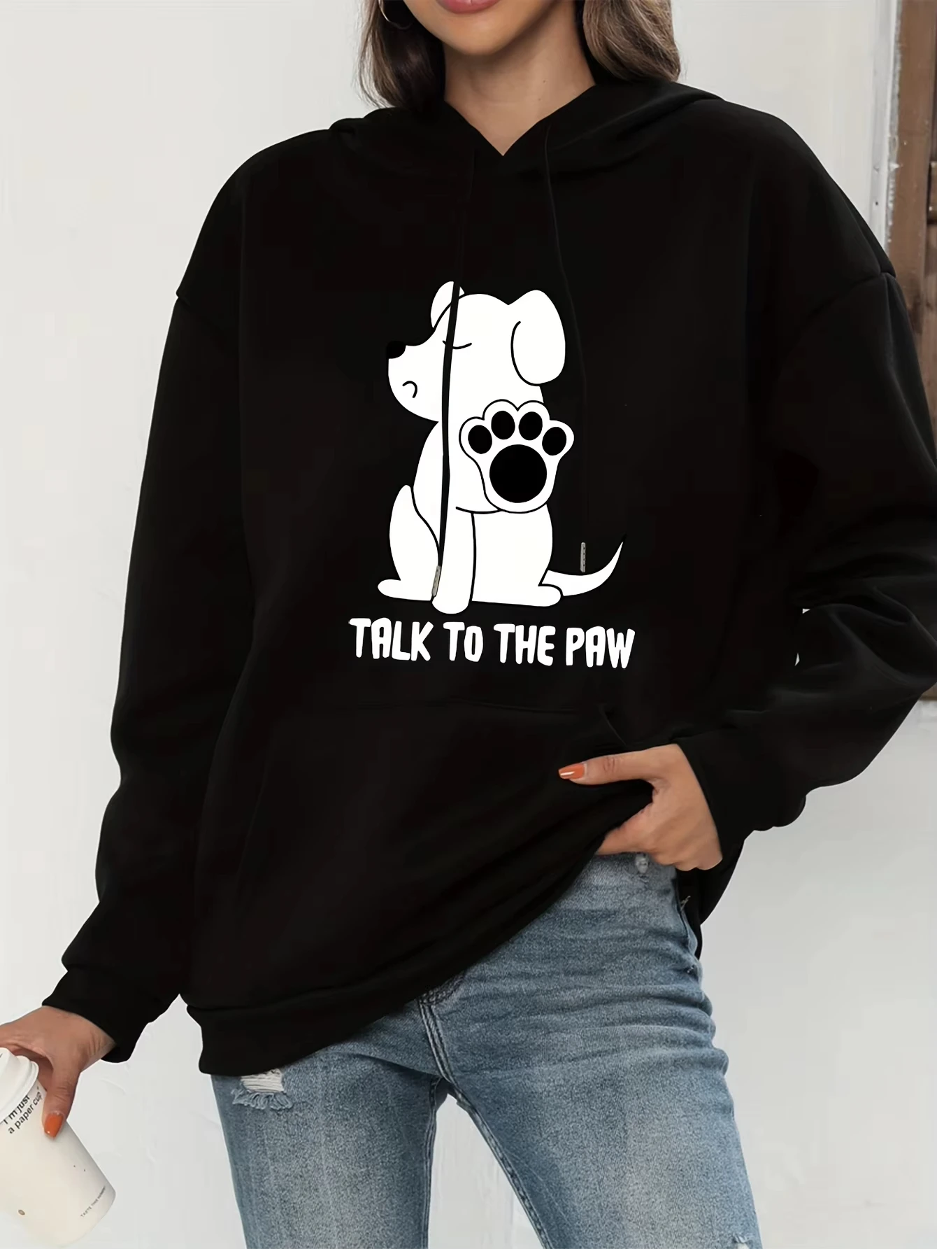 

Talks To The Paw Забавный принт собаки Женские модные толстовки с капюшоном Kawaii Осенняя теплая толстовка с круглым вырезом Повседневная уличная базовая одежда