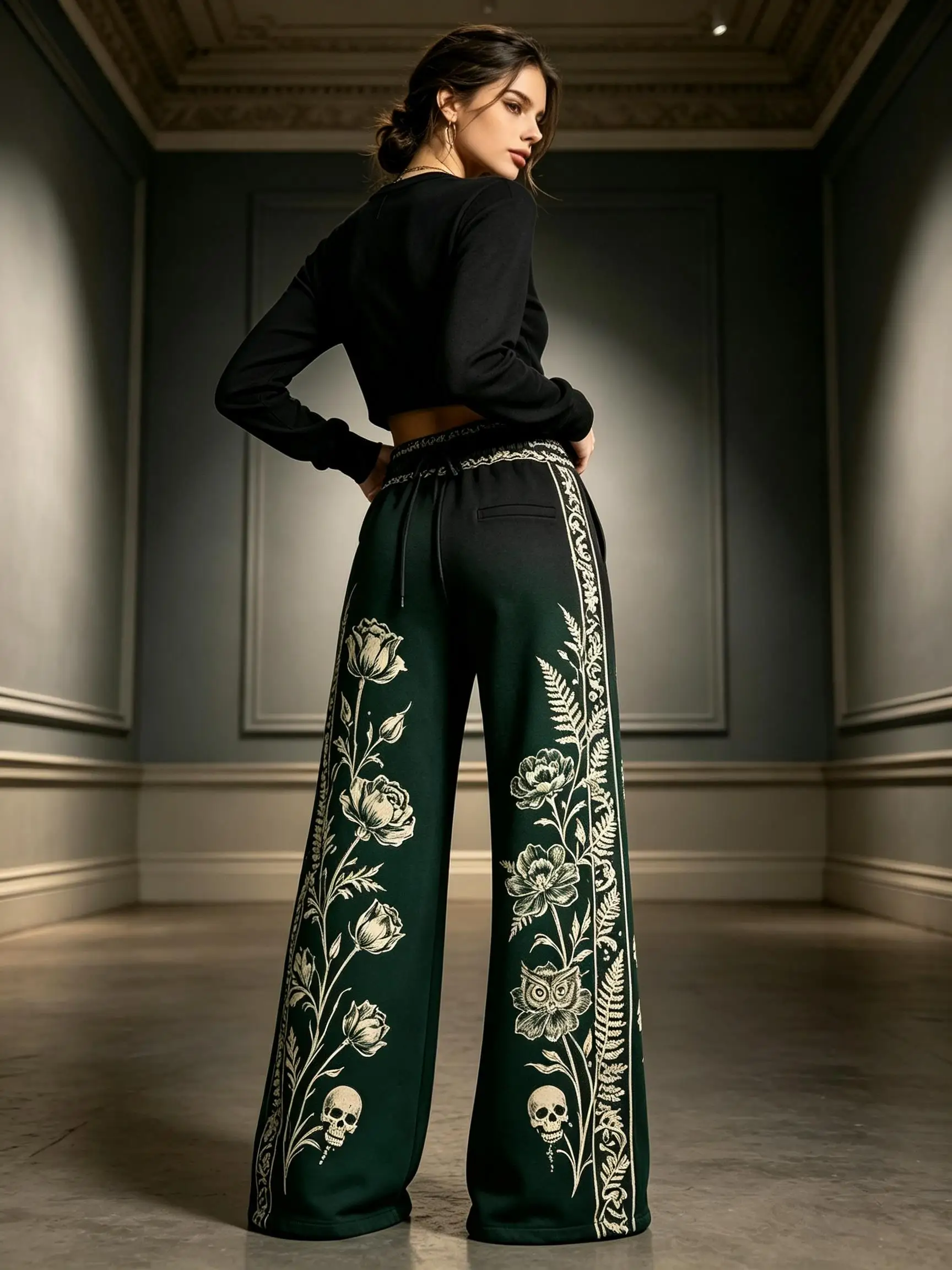 Halloween Women Gothic Floral Skull Print Wide Leg Sweatpants Drawstring Waist Side Pattern Casual Trousers
