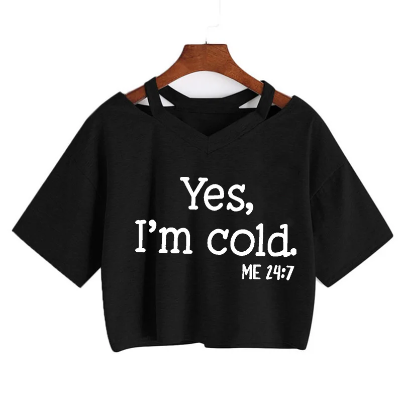 Damen Sommer Sexy Crop Tops mit Aufdruck „Yes I'm Cold“ Grafik Y2K Cropped T-Shirt 90er Jahre Mädchen T-Shirt Kleidung