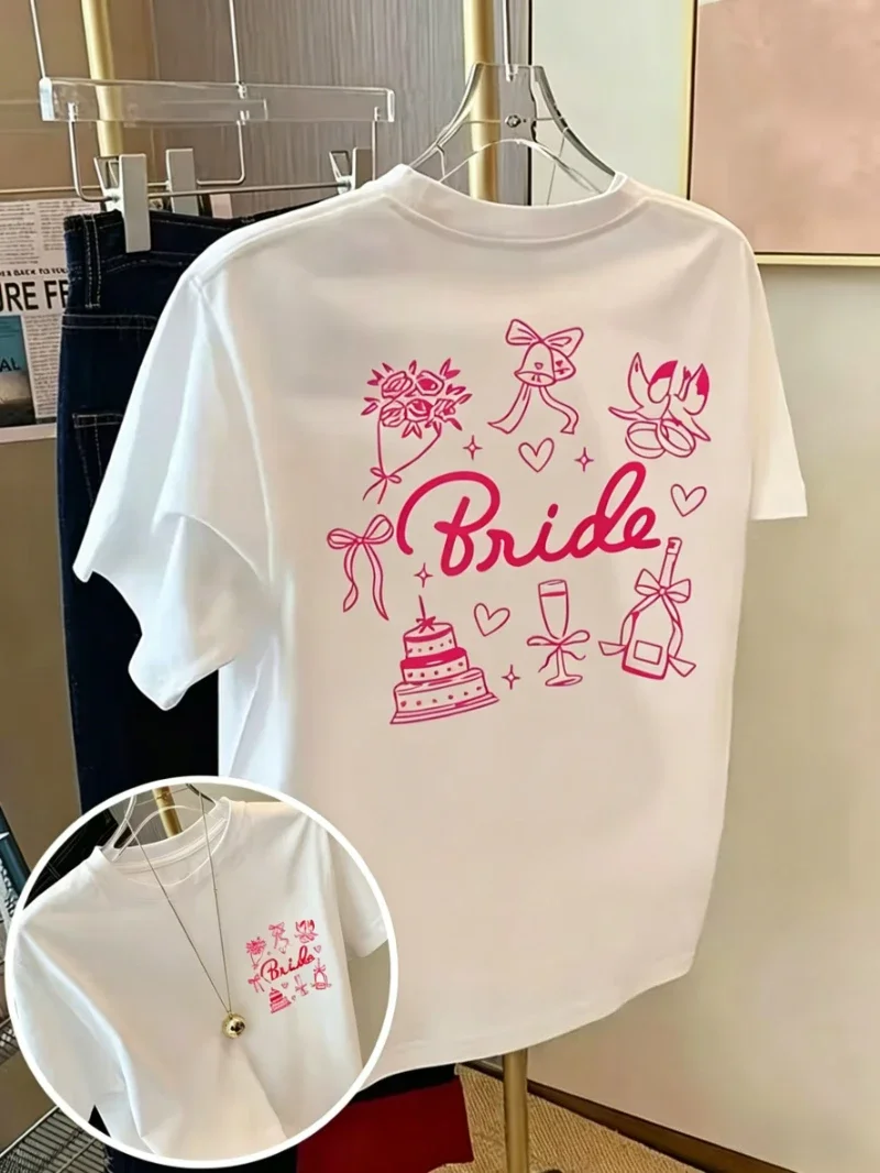 Bride Wedding Element Print T-shirt Bachelorette Party Line Art Graphic Short Sleeve Tops Women Loose Streetwear Daily Wear Tee
