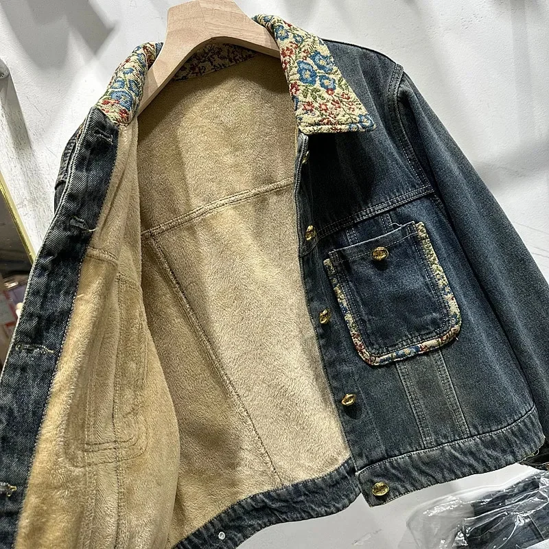 Autumn Winter Fleece Thicken Denim Coat Women's Short Jacket Patchwork Embroidered Collar Loose Outerwear Lady Chaqueta Coats
