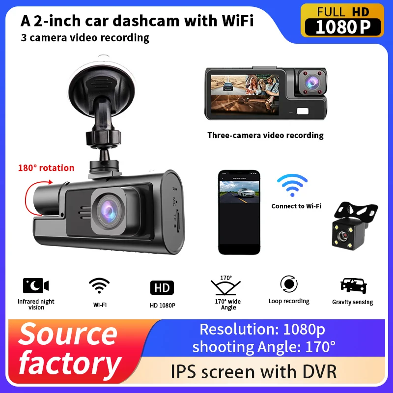 

3-camera vehicle-mounted DVR1080P dashcam WIFI, 180° rotation，infrared night vision, and loop recording,shooting Angle: 170°