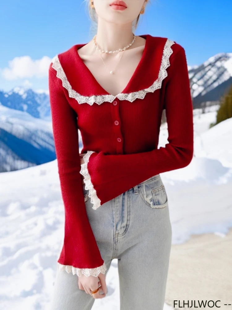 

Новогодние красные осенне-зимние короткие пуловеры, джемперы, повседневные японские милые милые белые кружевные вязаные свитера с расклешенными рукавами для девочек
