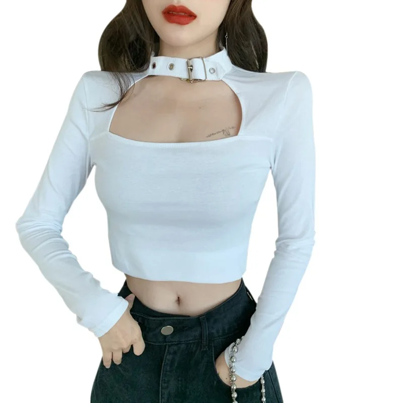 Women\'s Square T-shirt Collar Slim Sexy Navel Exposed Long Sleeved T-shirt Tops