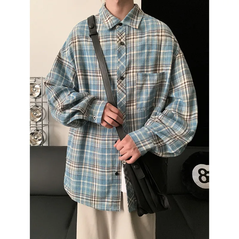 Autumn Long Sleeved Shirt Men Oversized Fashion Retro Casual Shirt Men Streetwear Korean Loose Plaid Shirt Mens Vintage Shirts