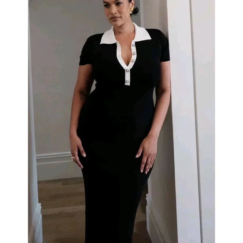 Vestido de malha longo de manga curta com blocos de cores para mulheres, estilo casual para o dia a dia, com gola , cintu...