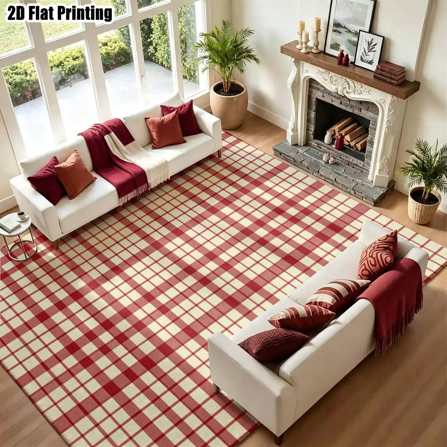 1Pc 2D Printed Red Checkered Carpet: Modern Simple Instagram-Style Floor Mat, Multi-Size, Machine Washable, for Home Decoration & Multi-Scene Use