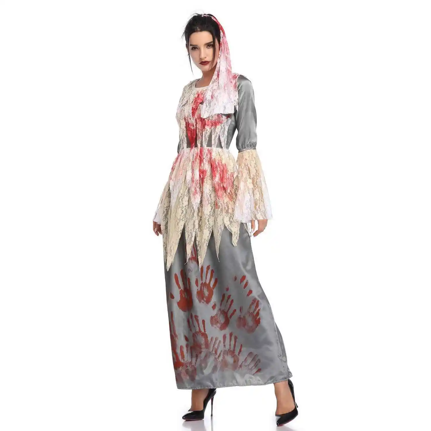

loween Performance Costume Bloody Brideom Outfit Masquerade Ball Terror Ghost Bride Linen 00% Women's Ethnic Wear