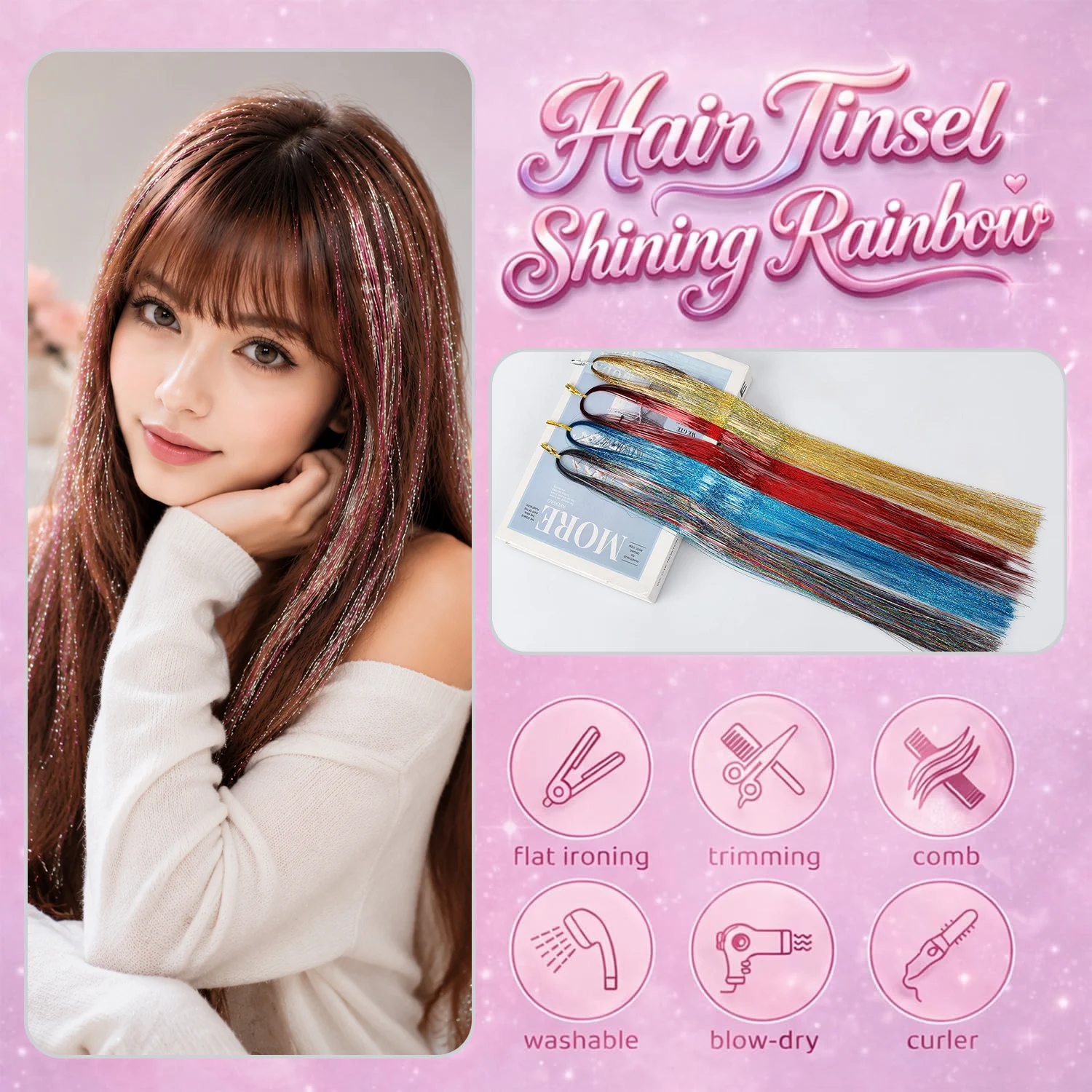 31 Inches Glitter Tinsel Hair Extensions Synthetic Sparkling Shinny Fairy Hair Accessories for Christmas Halloween Cosplay Party