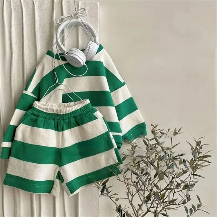 1-8Y Baby Girl Boy Cotton Stripe Clothes Set Casual Sweater + Shorts 2pcs Infant Toddler Child Tracksuit Spring Fall Summer Set