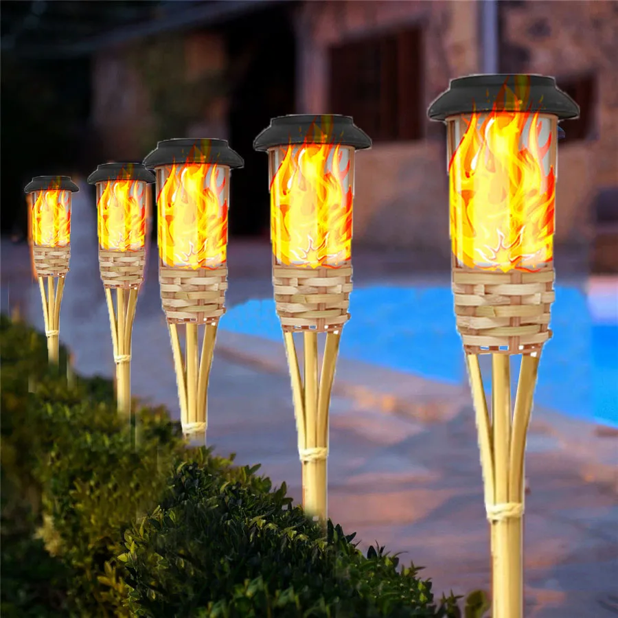 Solar Torch Lamps Outdoor Garden Pathway Lights Solar Bamboo Torch lamp with Dancing Flickering Flames for Lawn Patio Decor