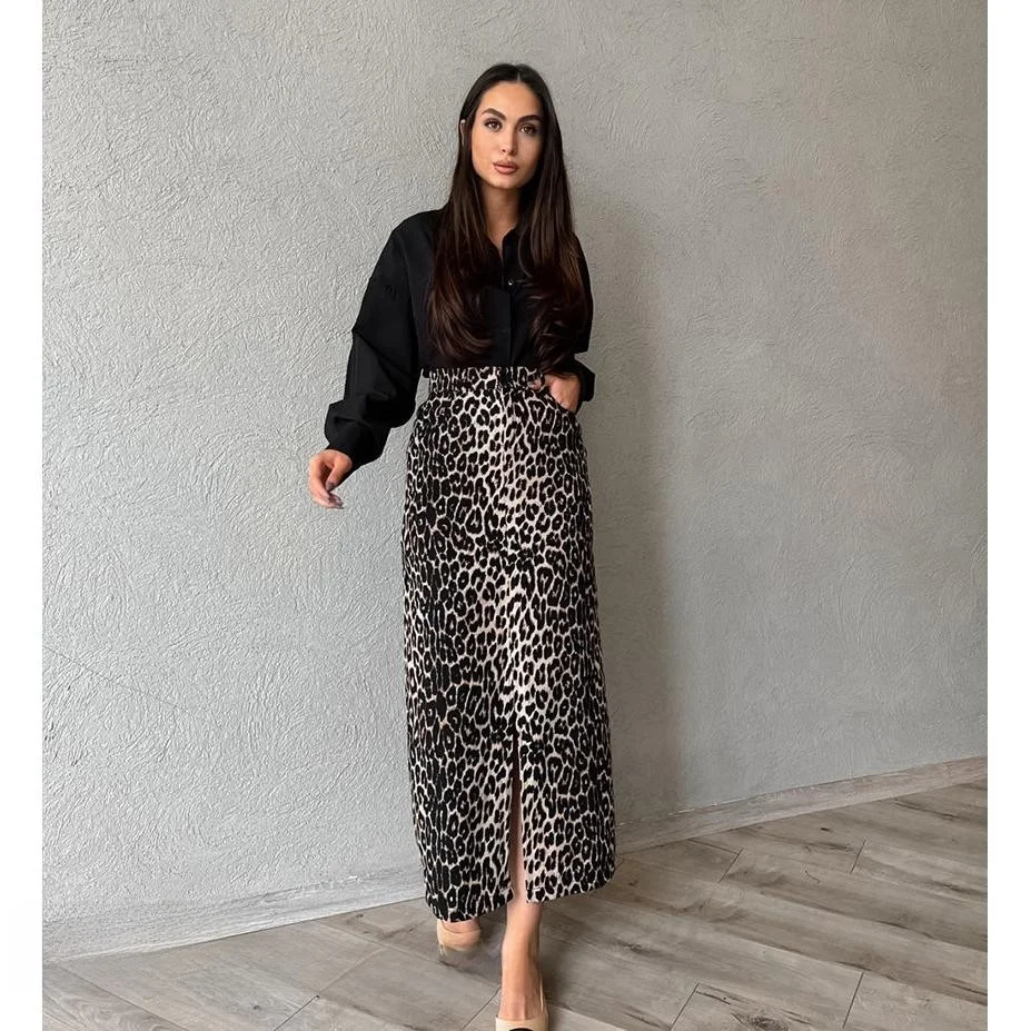 

Новая прямая юбка-труба с леопардовым принтом и высокой талией, сексуальная юбка-трапеция, длинная юбка со средней талией