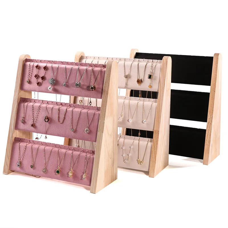 3 Tier Necklace Organizer Stand Holder With White Velvet, Wood Necklace Display Stands For Selling, Jewelry Display Stand For Br-image