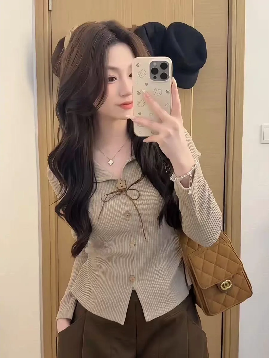 

Slim Fit Long Sve Knitted T-irt Women's Collared Patchwork Design Autumn Faionable Versatile Top for Young Ladies