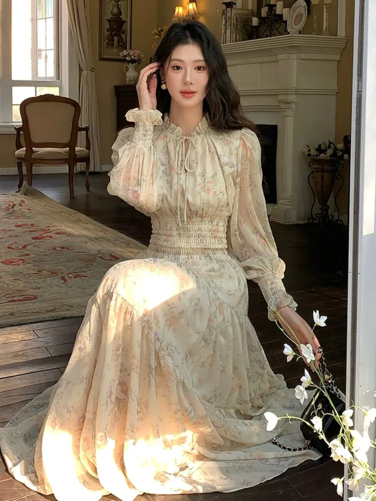 春フレンチフローラルプリントレディースドレスボヘミアンシフォンプリントドレス長袖カジュアルシャーリングウエストスリムAラインボヘミアンローブ