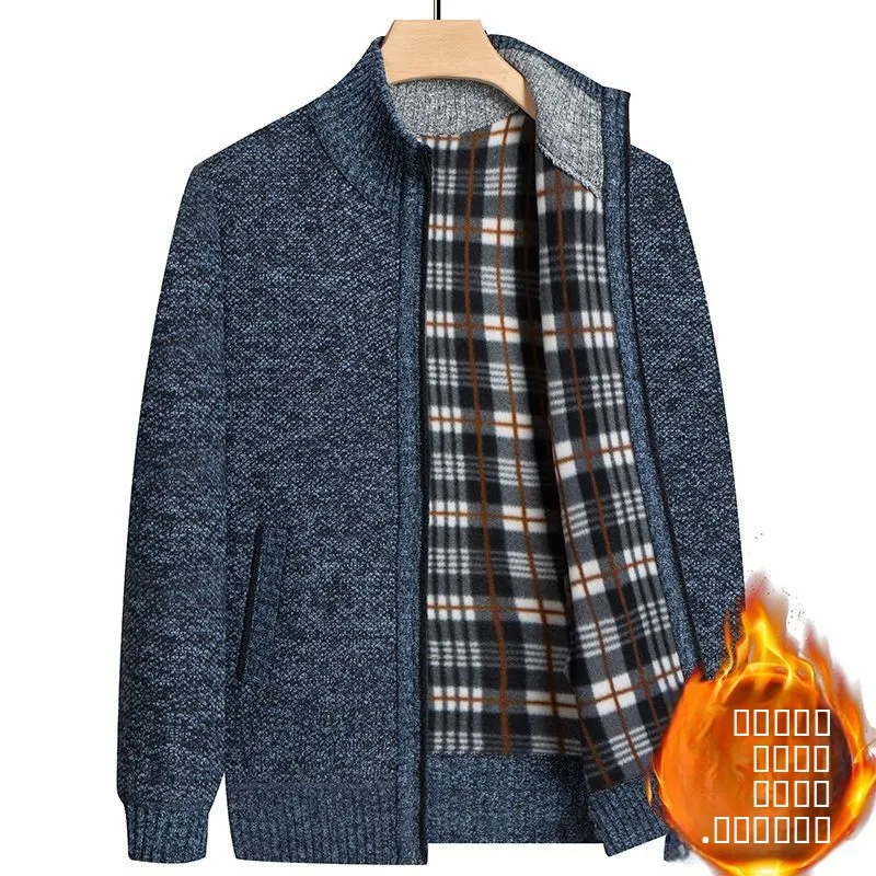 

Утепленный вязаный зимний свитер на молнии для мужчин, повседневная куртка для среднего возраста с флисовой подкладкой, из полиэфирного волокна, с длинными рукавами