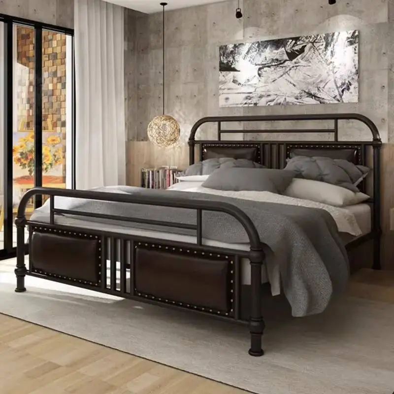 Industrial Metal Bed Frame with Upholstered Headboard Modern Bedroom Bedstead Simple Home Bed Base Easy Assembly Mattress Pallet