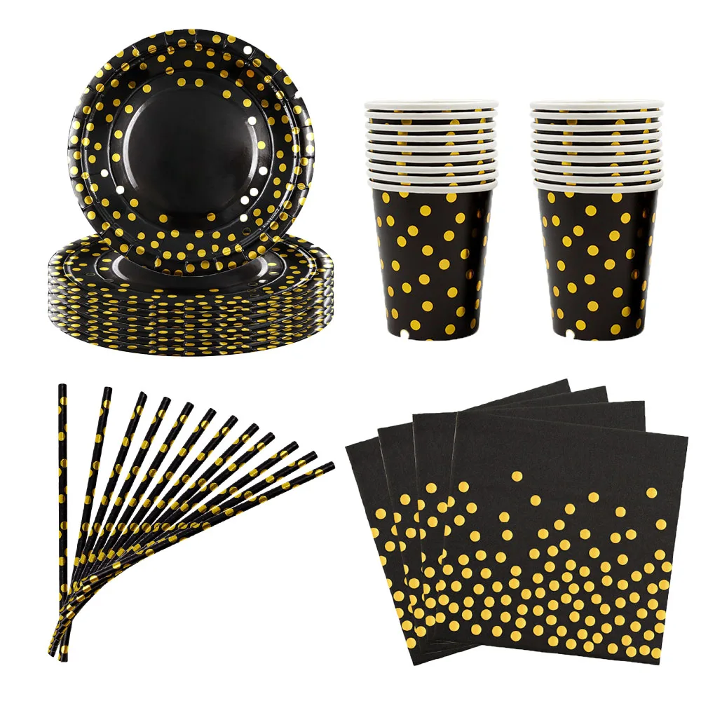 Schwarz-Gold-Thema Geburtstagsparty-Dekorationen Heißprägung Polka-Dot Einwegteller Becher Servietten Erwachsenen-Hochzeitsparty-Zubehör