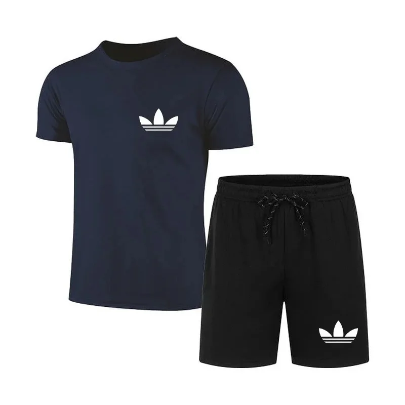 Men 2Pcs Set Slim Printed Round Neck Tee Drawstring Elastic Shorts Summer Daily Outfit