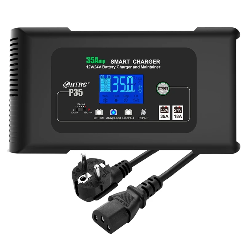 HTRC-Chargeur de batterie de voiture, chargeur intelligent, AGM, acide de plomb, PB, GEL, écran LCD, 35A, 12V, 24V, moto, camion, auto