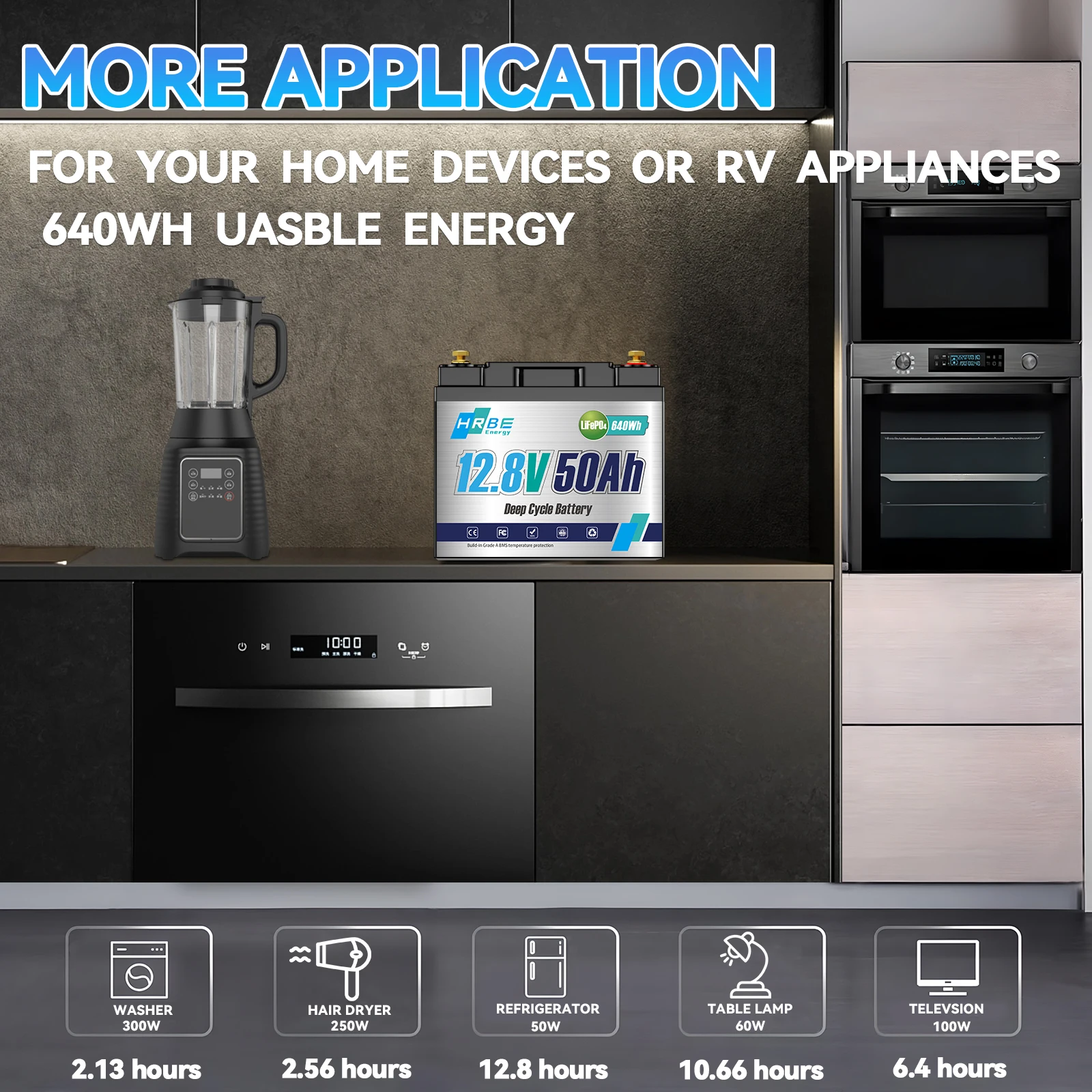 HRBEEnergy 12V 50AH LiFePO4 Lithium Battery Pack 50A BMS 4000+Cycle For Home Energy, RV, Trolling Motor, Marine, Solar, Off-Grid