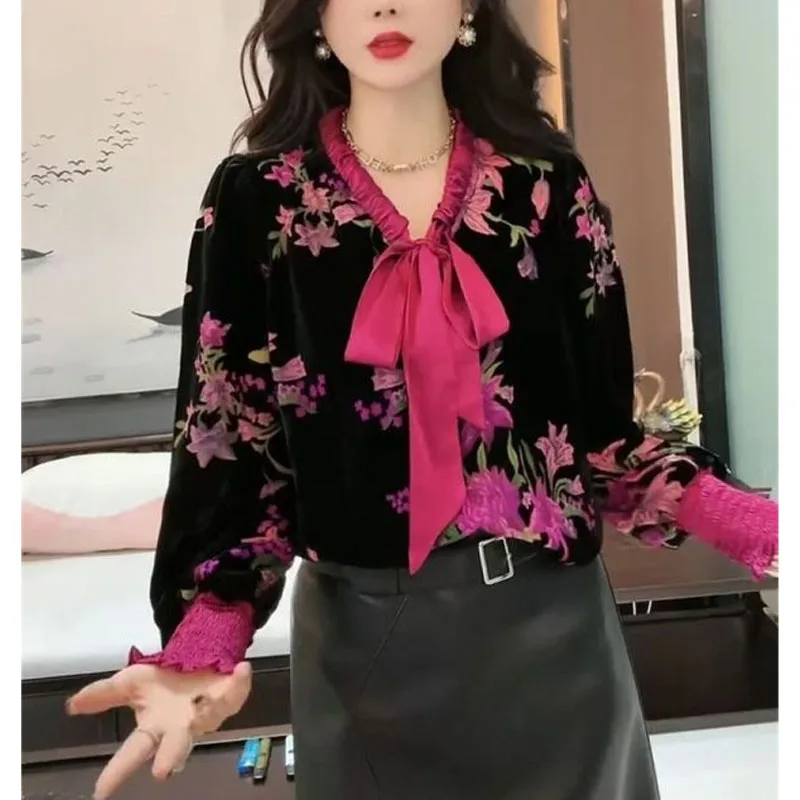 Spring Autumn New Women's Pullovers V-Neck Bow Spliced Printed Fashion Elegant Commuter Loose Long Sleeve Chiffon Shirt Tops