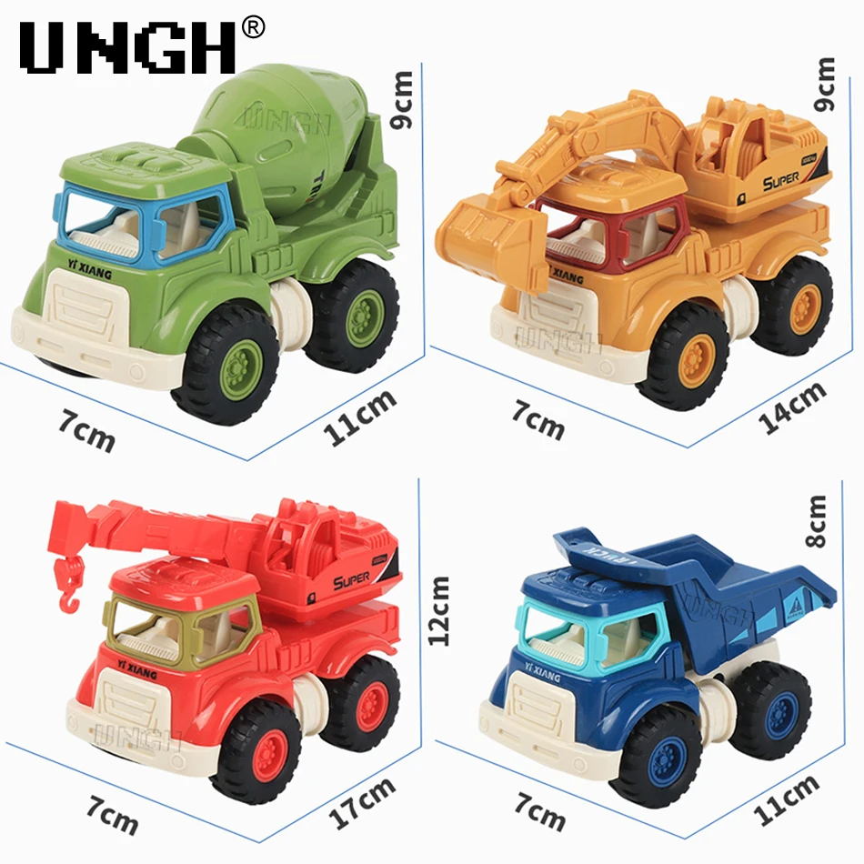 UNGH 4 pz/set Cute Engineering Diecast Car Crane escavatore Dump Mixer Truck inerziale Vehicle Toys for Children