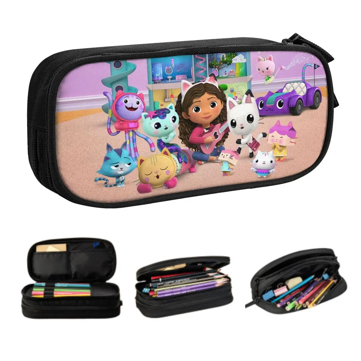 Gabbys Dollhouse Cartoon Pencil Case for Boy Girl Large Storage Mercat Cats Animals Pen Bag Box Stationery