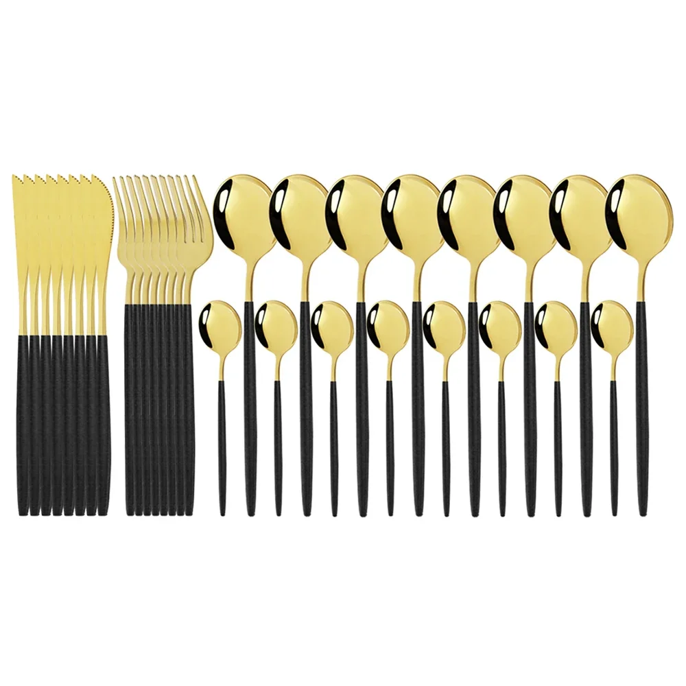 32Pcs Dinnerware  Black Gold Cutlery  Stainless Steel Knife Fork Spoon Dinner  Kitchen Silverware Tableware