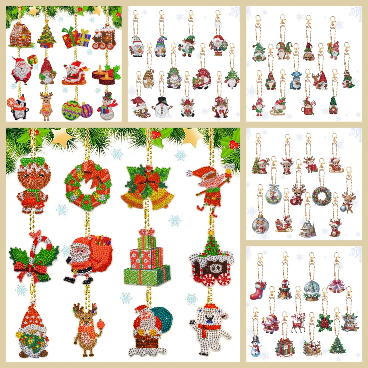 12 DIY-Diamant-Kunstmalerei-Sets mit Weihnachtsmotiv, mit Kristallverzierungen und gestickten Schlüsselanhängern