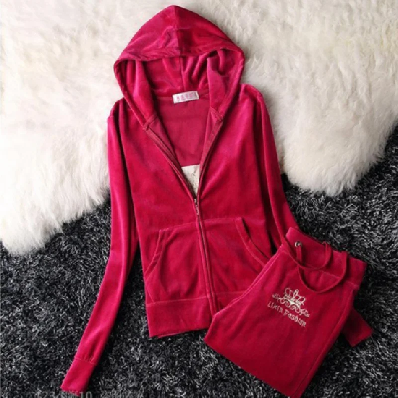 2024 Women Tracksuits Spring/Fall Crown Pattern Embroidery Velvet Track Suit Women\'s Clothing Two Piece Sets S-XXXL