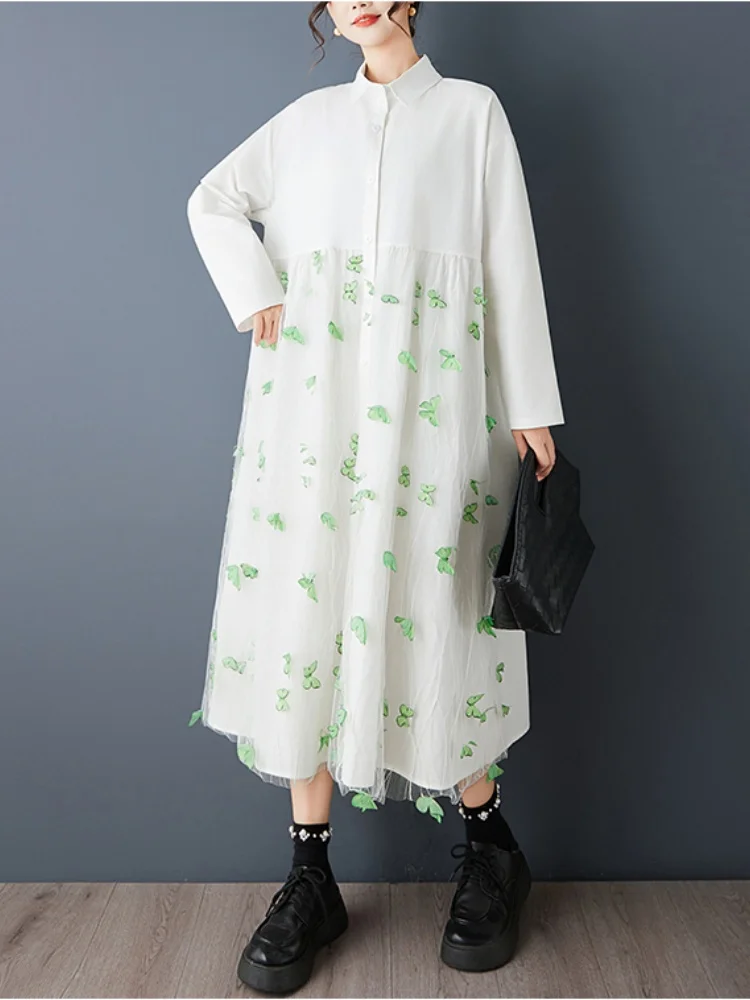 SMTHMA جديد ربيع الخريف فضفاض ثلاثي الأبعاد فراشة شبكة الربط فستان كاجوال المرأة الحلو كم طويل فستان قميص #1