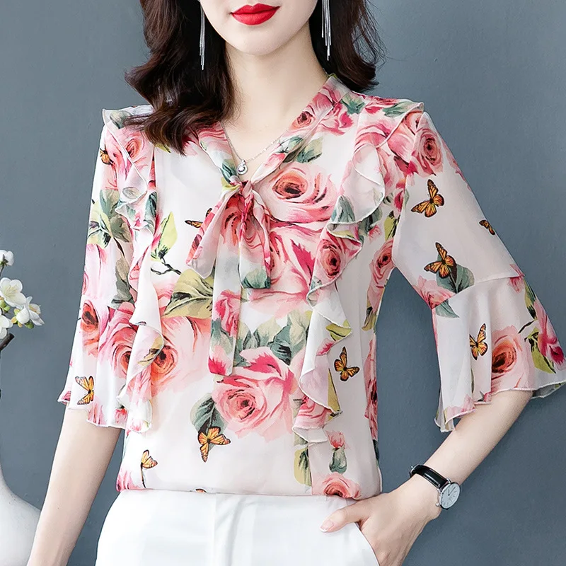 Women\'s Stylish Floral Print Ruffle Lace Up Blouse Elegant V Neck Short Sleeve Shirt Casual Loose Chiffon Tops Blusas Para Mujer