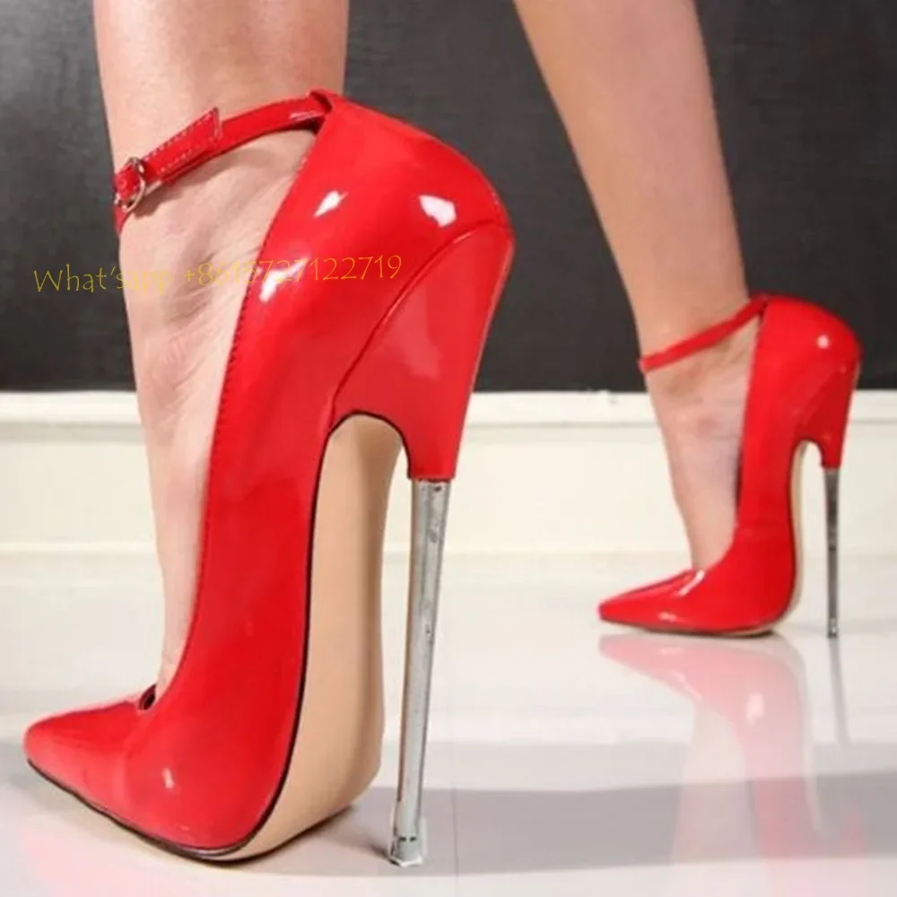 Super High Thin Heels Pointy Toe Patent Leather Women Pumps Sexy Ankle Wrap Party Spring Shoes 2022 Women Needle Heels Pumps