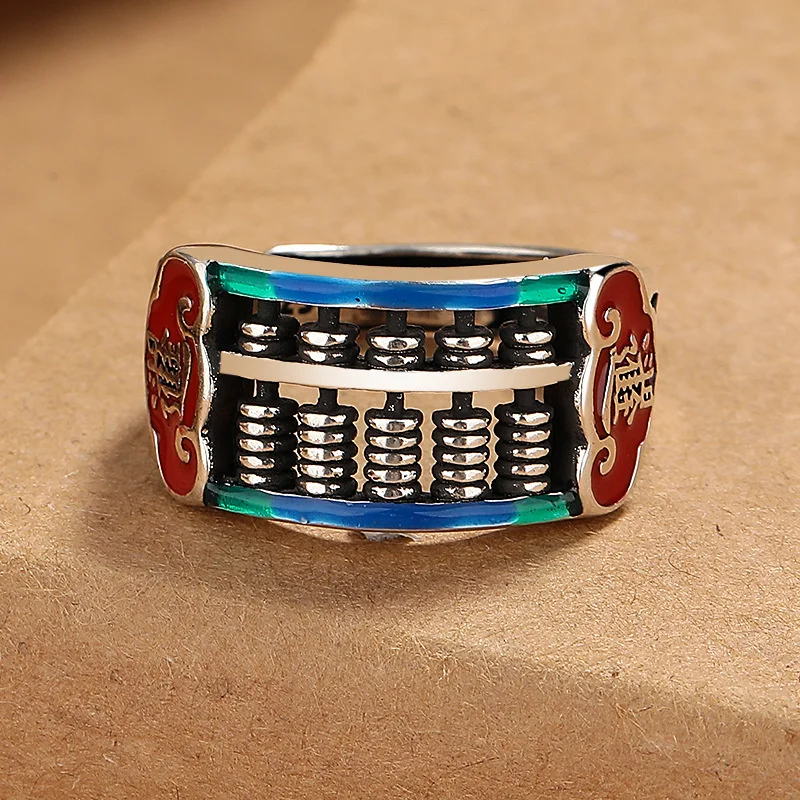 New Arrival Enamel Abacus Ring Female Personalized Ethnic Style Drip Glue Craft Opening Creative 925 Silver Ring Women Jewelry