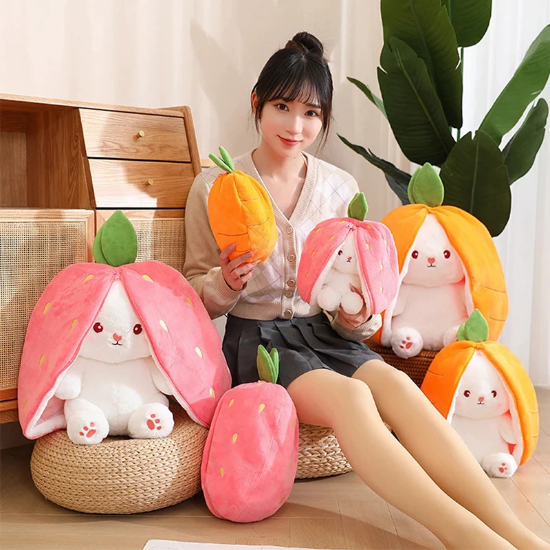 18-35cm Cute Strawberry Carrot Rabbit Plush Toy Stuffed Creative Into Fruit Transform Big Ears Rabbit Kids ChristmasBirthdayGift