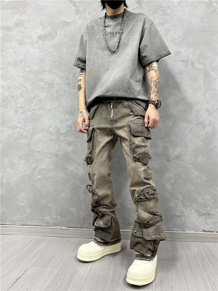 Zware afvalgrond versleten uitziende wash-out multi-pocket cargobroek gepersonaliseerde minderheid recht casual trendy herenbroek