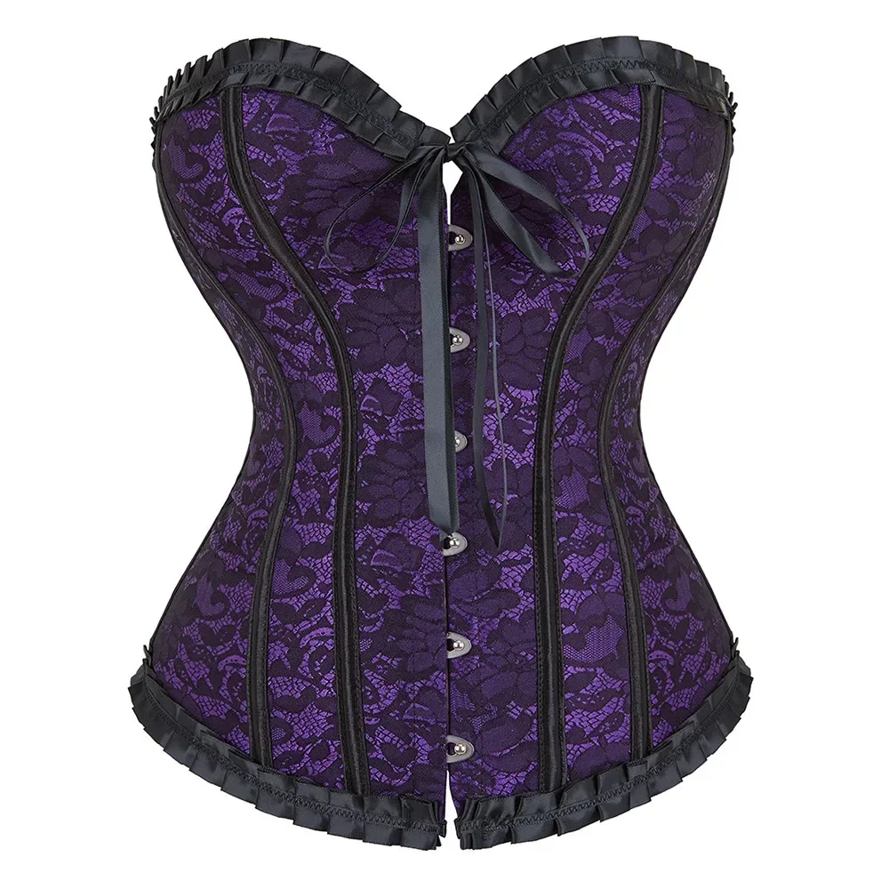 Corset Top Sexy Women\'s Plus Size Corsets and Bustiers Overbust Floral Gothic Brocade Corselet Style Fashion Purple Red